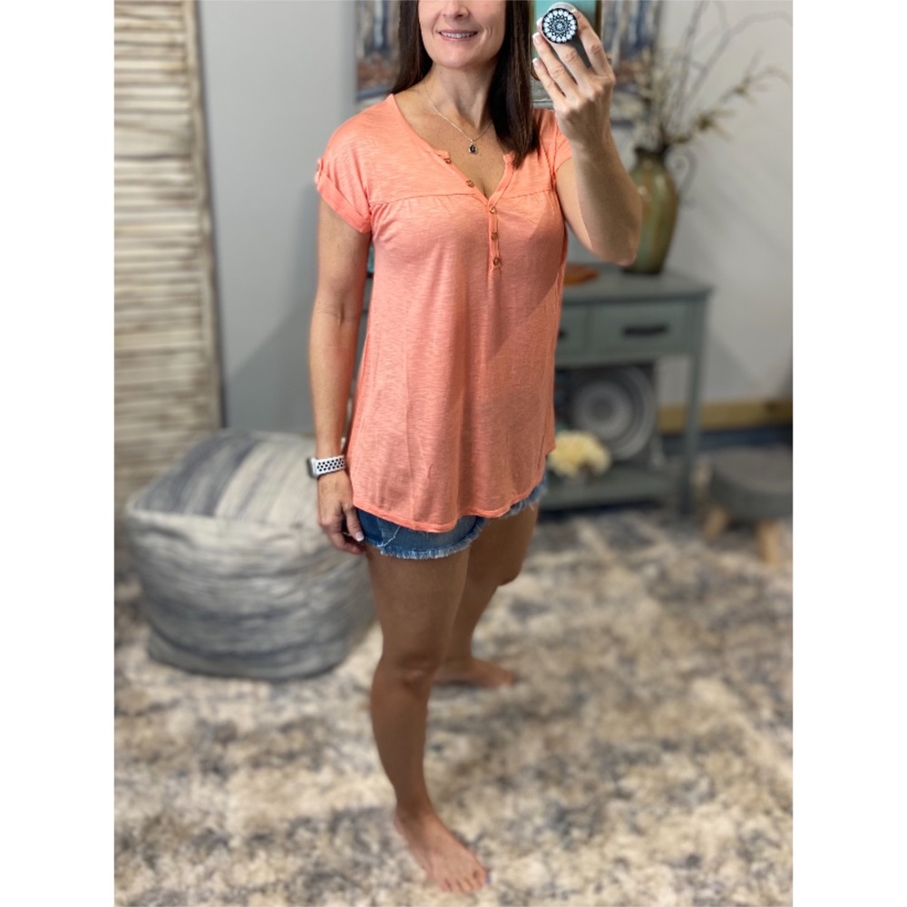 Melange Henley V-neck Floaty Cuffed Tabbed Short Sleeve Floaty Tee Peach 0523 - Picture 9 of 12